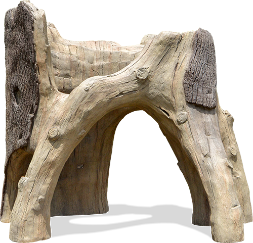Woodlands themed playground climbing sculpture simulating an enormous hollowed out tree stump
